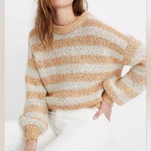 3/$15 Madewell Yellow/Orange White Baez Striped Alpaca Wool Crew Neck Sweater